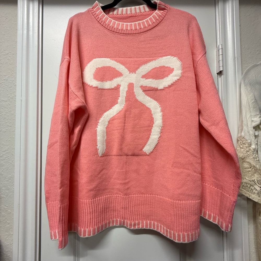 Boutique Pink Bow Sweater – Soft Cozy Knit – Size Large